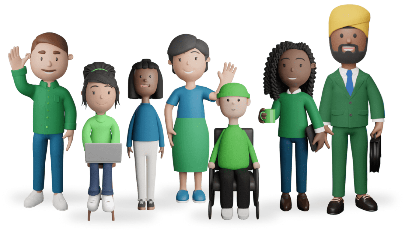 6 characters waving with 4 teachers and 3 students.
